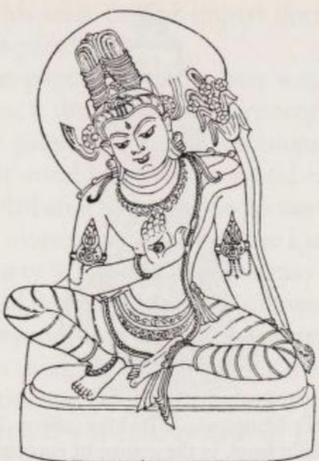 Maitreya (Di Lặc) trong hình tướng Bồ tát ở cõi trời Tuṣita (Đâu Suất)